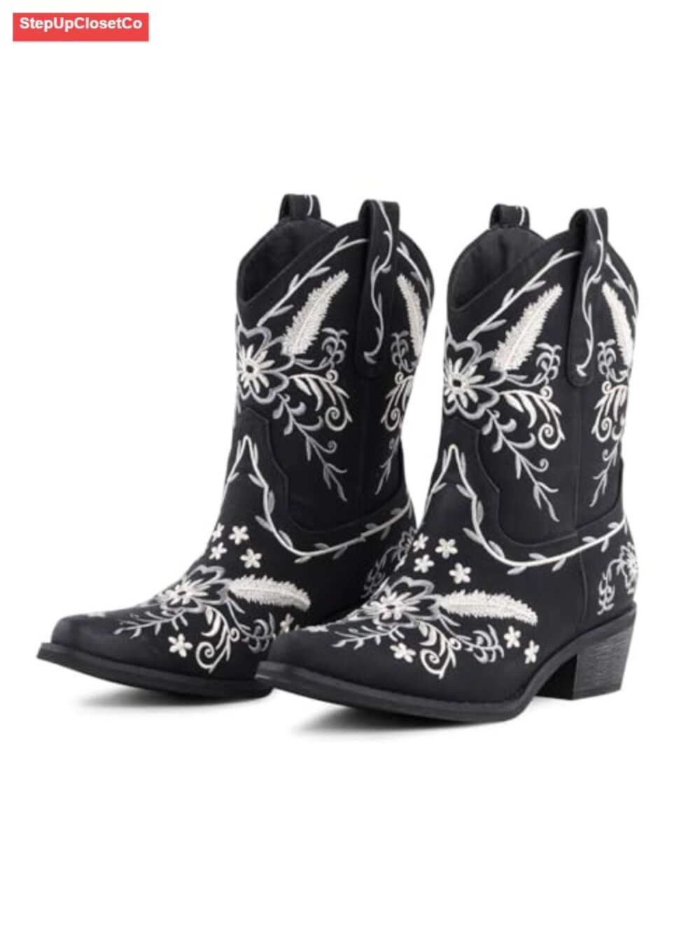 Embroidered Cowboy Boots Chunky Heel Mid Calf Western Women's PU
